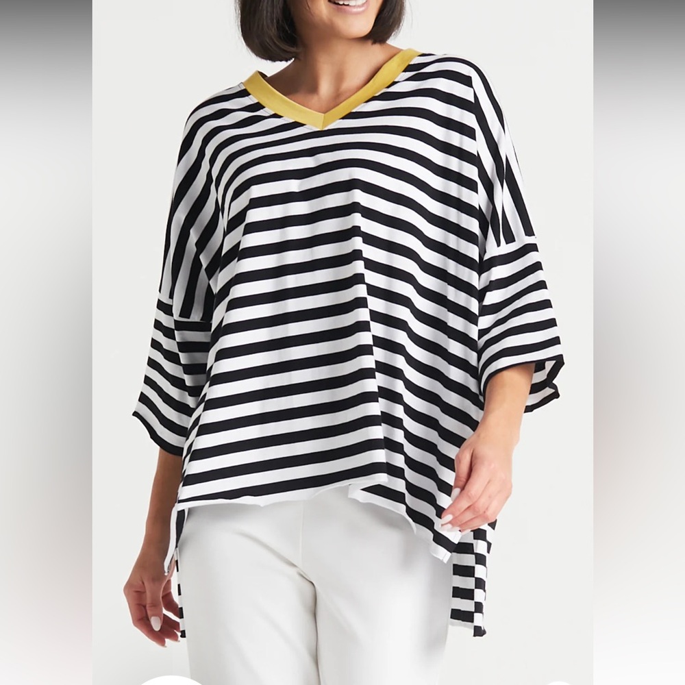 Planet by Lauren G Pima Cotton Border Stripe S/S V Tee chartreuse black & white